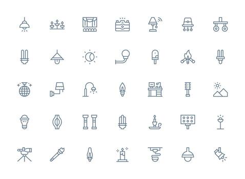 Lighting Design Icons featuring 35 in Regular Clean Line Style Professional Icon Set vector