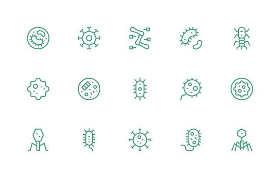 Microbe Design Icons featuring 15 in Regular Line Style Icon Collection Set vector