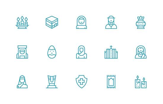 religioso icono conjunto con 15 regular línea gráficos bien estructurado íconos para creativo utilizar vector