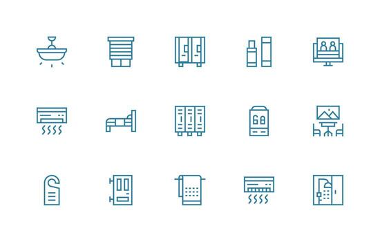 Room Design Icons featuring 15 in Regular Line Style UI and UX Focused Icon Collection vector
