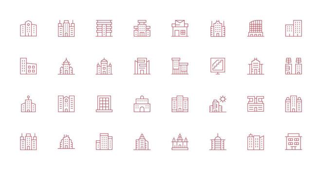 Office Building featuring 32 Icons in Thin Line Design Theme-Based Icon Pack vector