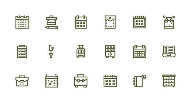 Organizer Design Icons featuring 18 in Strong Stroke Line Style Clear and Concise Icon Set Collection vector