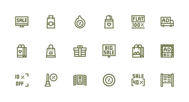 Promotional Design Icons featuring 18 in Strong Stroke Line Style Responsive Icon Set for Flexible Layouts vector