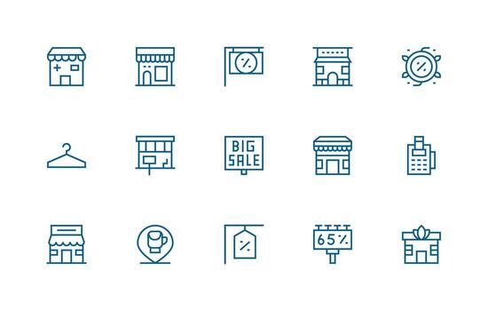 Retail Store Design Icons featuring 15 in Regular Line Style Neutral Style Icons for Any Project vector