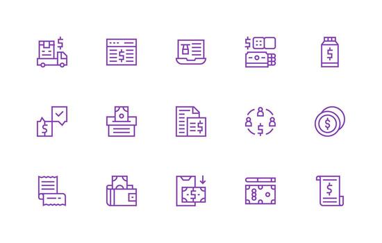 Bill Design Icons featuring 15 in Regular Line Style All Device Compatible Icon Set vector