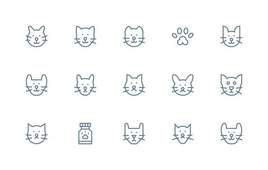 Cat Design Icons featuring 15 in Regular Line Style Simplified Icon Pack for Visual Tools vector