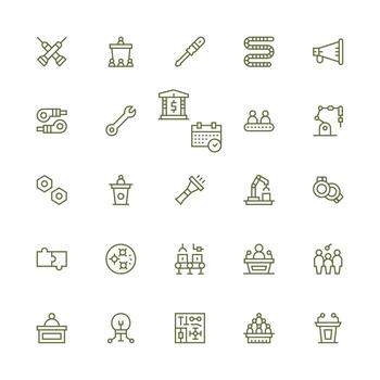 Assembly Design Icons featuring 25 in Medium Stroke Outline Style Icon Set vector