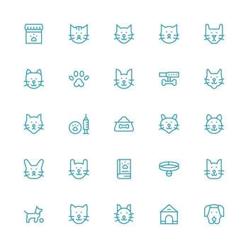 Pet Care Design Icons featuring 25 in Medium Stroke Outline Style Essential Icons for Rapid UI Building vector