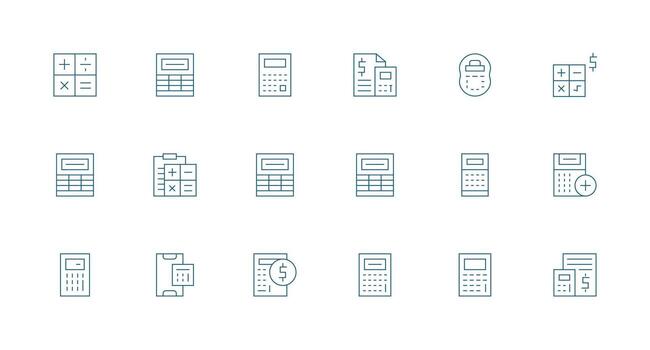 calculadora diseño íconos presentando 18 en mínimo línea estilo flexible icono sistema para web interfaces vector