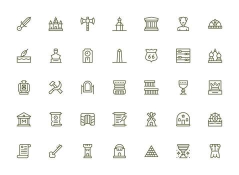Historical Visual Pack containing 35 Regular Clean Line Icons Design Ready Icon Set for Teams vector