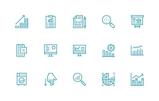 Estadísticas presentando 15 íconos en regular línea diseño escalable icono paquete vector