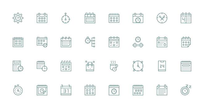 32 Time Management Icons in Thin Line Aesthetic Quick Access Icons for UI Development vector
