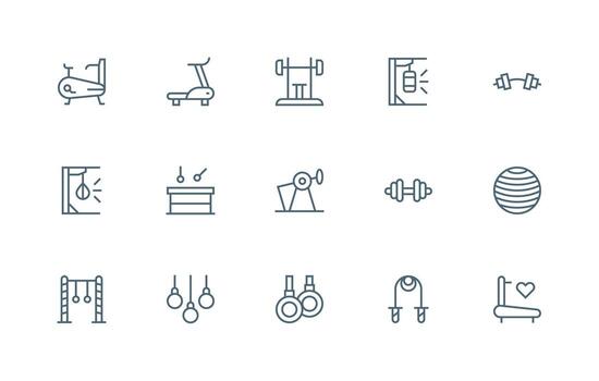 Exercise Equipment Design Icons featuring 15 in Regular Line Style Simple Icons for Interface and Wireframes vector