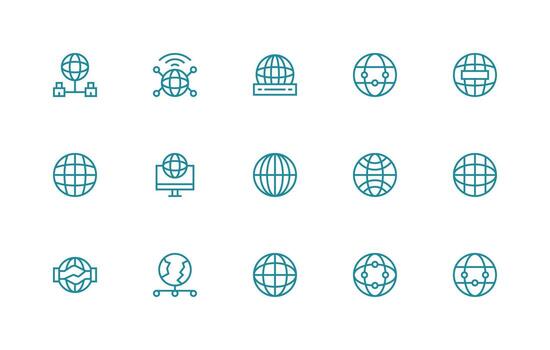 Worldwide Network Design Icons featuring 15 in Regular Line Style Interface Icon Collection vector