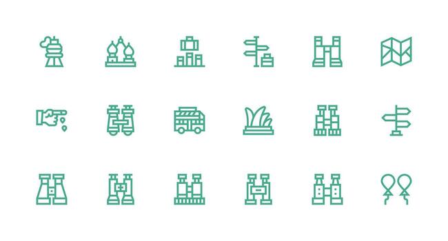 Sightseeing featuring 18 Icons in Strong Stroke Line Design Complete Icon Bundle for Web Design vector