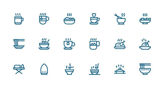 Steaming Design Icons featuring 18 in Strong Stroke Line Style Fully Editable Icon Set for Web vector