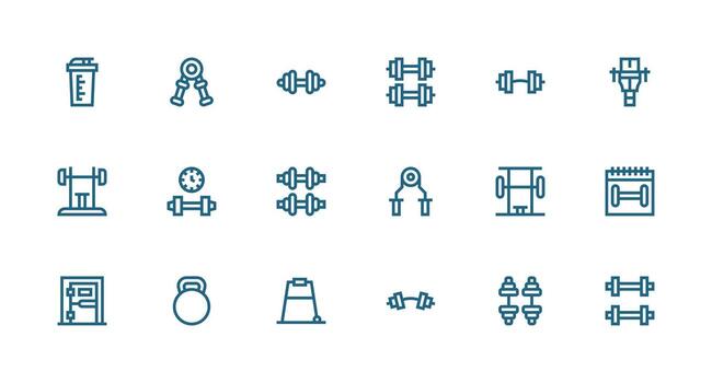 levantamiento de pesas presentando 18 íconos en fuerte carrera línea diseño ordenado icono conjunto vector