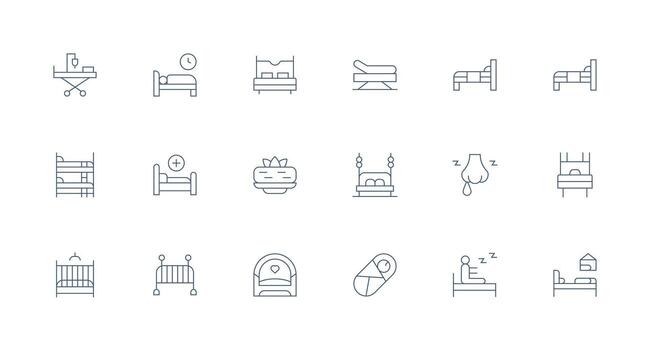 Bed Design Icons featuring 18 in Minimal Line Style UI Icon Set vector