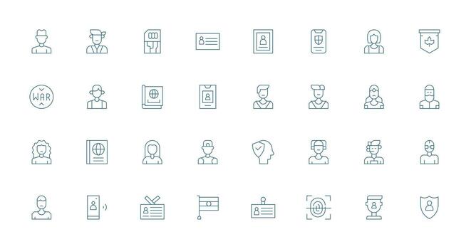 32 Identity Icons in Thin Line Aesthetic Icon Set for Apps vector