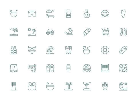 Beach Set with 35 Light Line Icons Customizable Icon Series for Mobile Screens vector