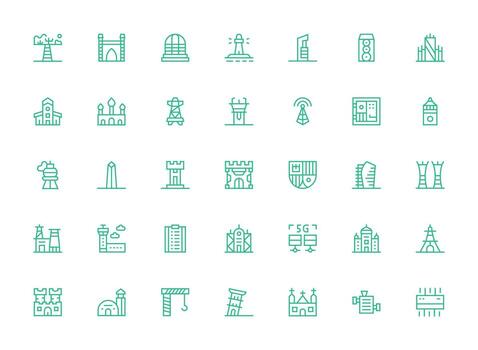 35 Icons for Tower in Regular Clean Line Format Balanced Icon Set for Functional Design vector