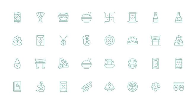 32 Delgado línea íconos para oriental gráficos optimizado icono paquete para digital productos vector