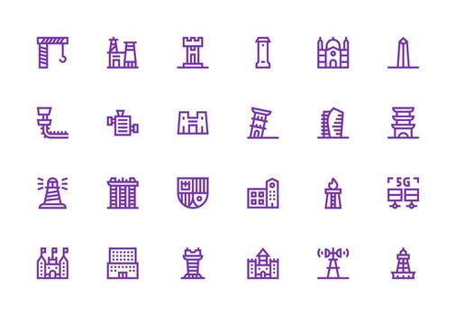 grueso línea línea estilo torre íconos con 24 vectores ordenado icono conjunto