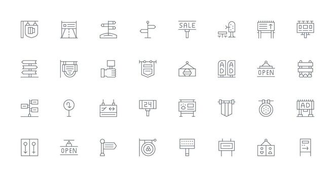 Signage Icon Set with 32 Thin Line Graphics Scalable Icon Pack vector