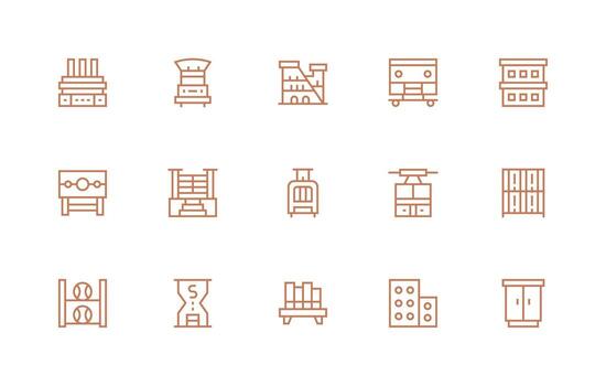 Shelving Design Icons featuring 15 in Regular Line Style General Use Icon Pack vector