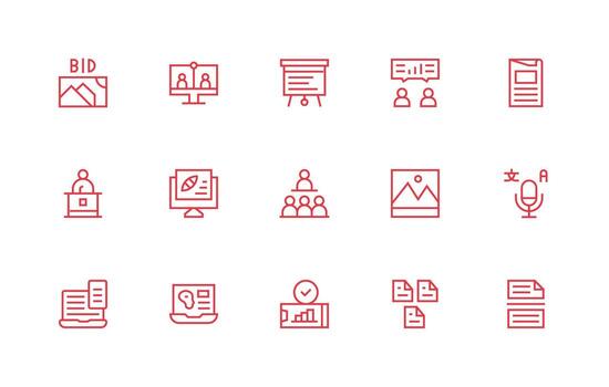 Presentation Design Icons featuring 15 in Regular Line Style Clean Icon Collection for Web Use vector
