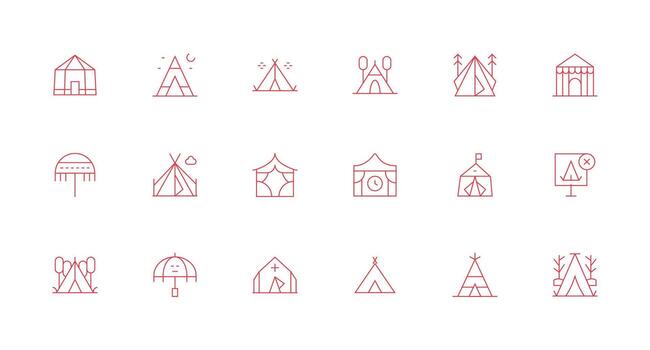 Tent Visual Pack containing 18 Minimal Line Icons Full Icon Library for UI Designers vector