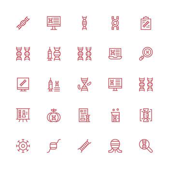 Dna Design Icons featuring 25 in Medium Stroke Outline Style Complete Icon Set for Mobile Apps vector