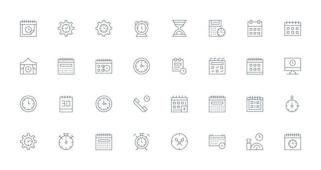 32 Delgado línea vectores para hora administración tema ui icono conjunto