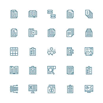Reports Design Icons featuring 25 in Medium Stroke Outline Style Icon Pack for Various Themes vector