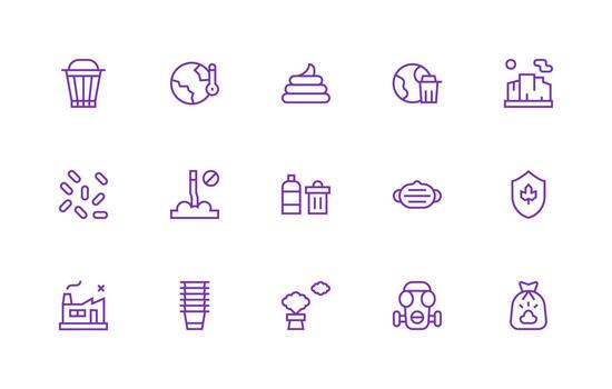 Regular Line Style Pollution Icons with 15 Vectors Standard Icon Pack