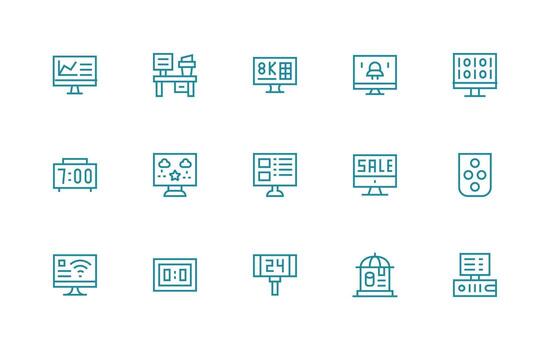 digital monitor presentando 15 íconos en regular línea diseño organizado paquete para proyecto bienes vector