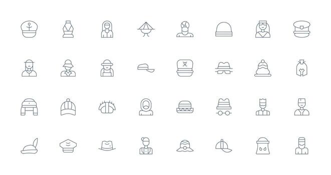 sombreros icono colección con 32 Delgado línea diseños usuario interfaz íconos para digital productos vector