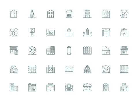 Property Icon Set with 35 Light Line Graphics Multi-Purpose Icon Pack for Templates vector