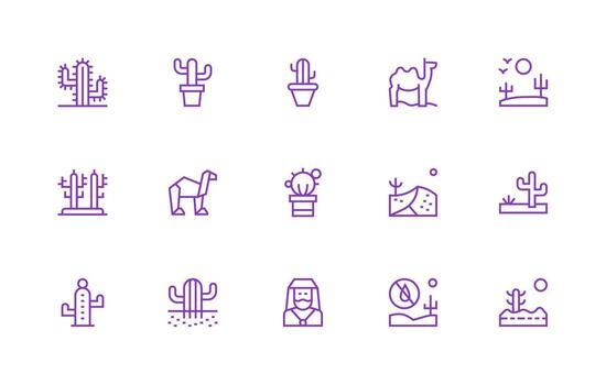 Desert Visual Pack containing 15 Regular Line Icons Pixel Perfect Icon Set vector