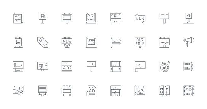 32 Icons for Advertisement in Thin Line Format Icon Pack for UI vector
