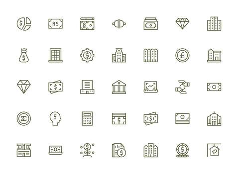 Investment Icon Set with 35 Regular Clean Line Graphics Professional Icon Pack for Development Work vector