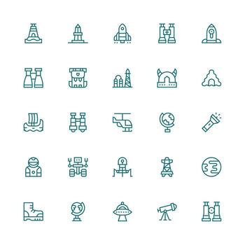 exploración icono conjunto con 25 medio carrera contorno gráficos núcleo icono colección para diario Tareas vector