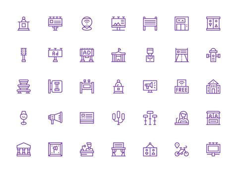 Public Icon Set with 35 Regular Clean Line Graphics Light Icon Series vector