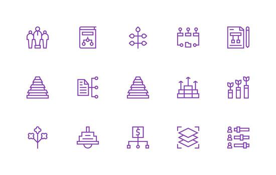 Hierarchy Design Icons featuring 15 in Regular Line Style Organized Pack for Project Assets vector