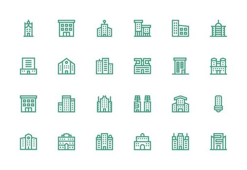Office Building Icon Set with 24 Thick Line Line Graphics Essential Icon Set for Teams vector