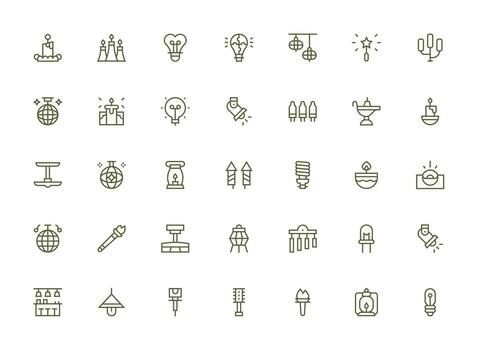 Illumination Visual Pack containing 35 Regular Clean Line Icons Style Icon Set vector