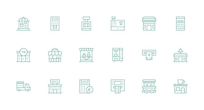 Kiosk Design Icons featuring 18 in Minimal Line Style Theme-Based Icon Pack vector