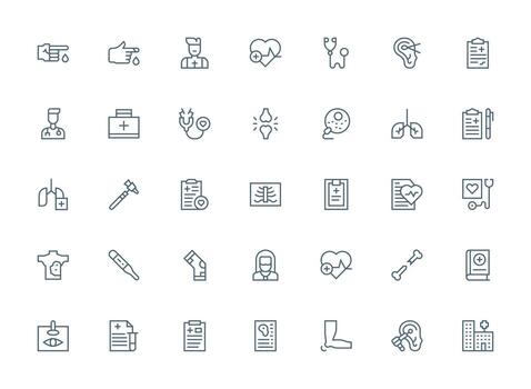 35 diagnóstico íconos en regular limpiar línea estético agudo íconos para presentaciones vector