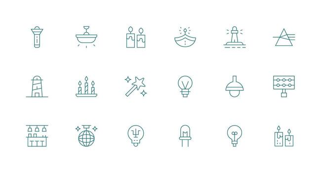 18 Illumination Icons in Minimal Line Aesthetic Functional Icon Series vector