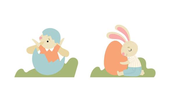 Cute Easter Bunny with Long Ears Hatching from Egg and Embracing It Set vector